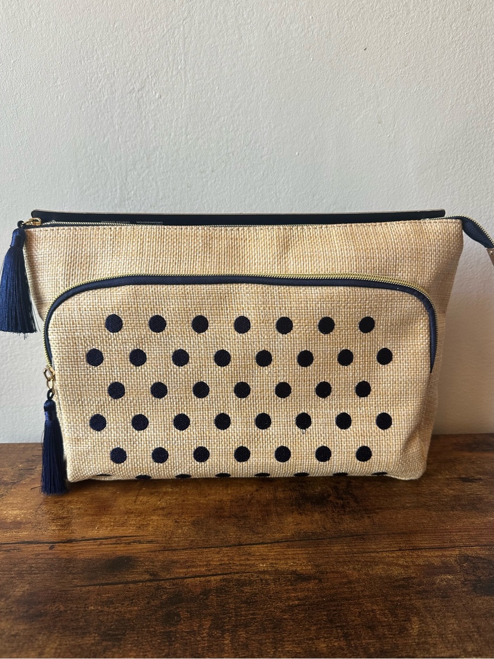 Trina Turk XL Woven Straw Toiletry Travel Bag, Navy Polka Dots and Tassels NWT